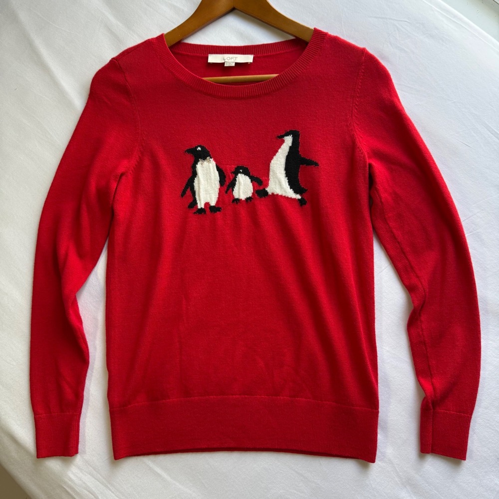 LOFT Red Penguin Intarsia Crewneck Sweater Small Long Sleeve Holiday Knit Top
